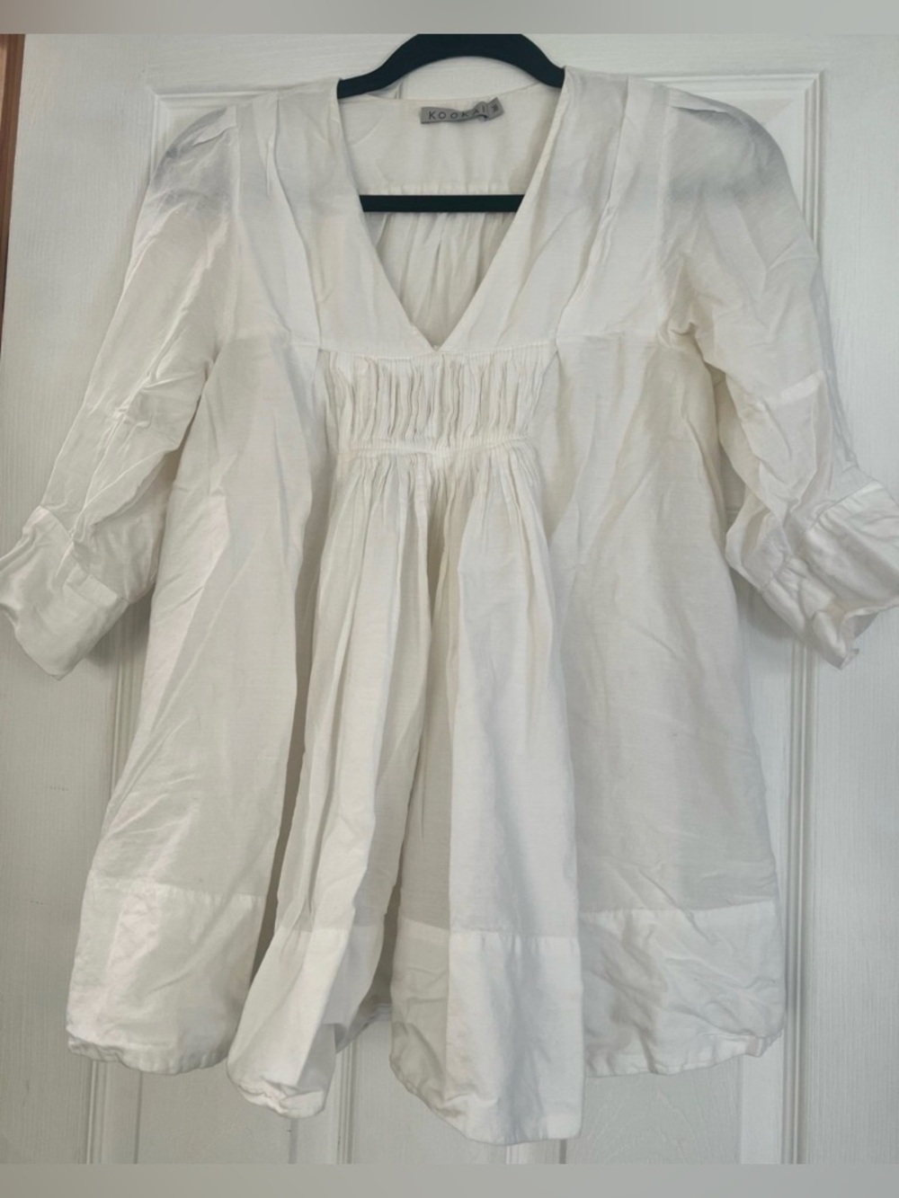 Kookai luxe boho poplin White V-Neck Smock Tunic Top chic revolve Anthropologie